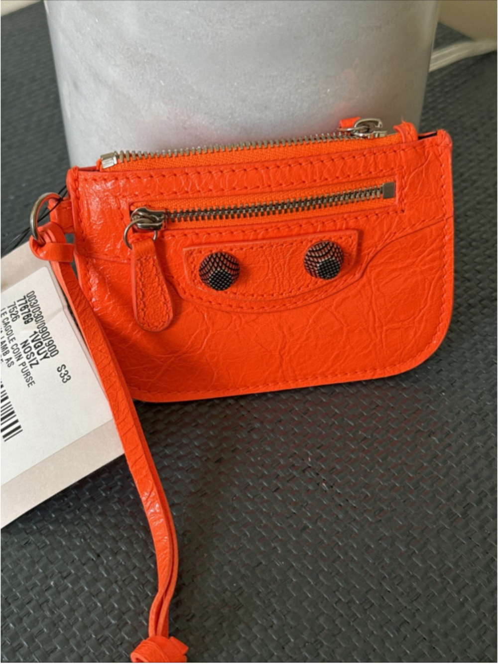 Balenciaga Le Cagole Coin Purse Card Holder Arena Lamb Fluorescent Orange NWT